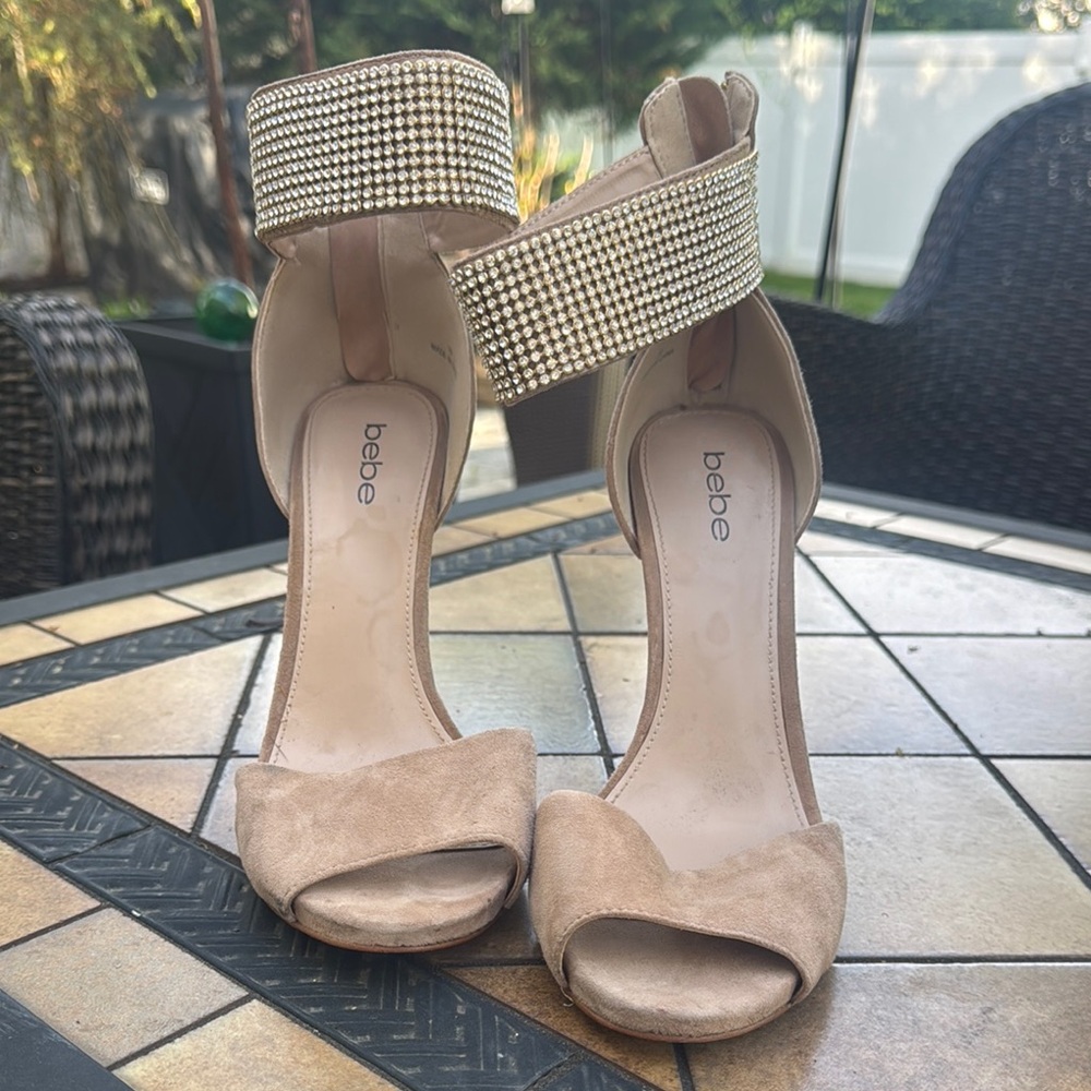 bebe Blush Suede Open-Toe Heels with Crystal Cuff Ankle Strap